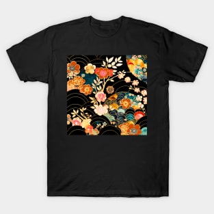 Floral gold wagara pattern T-Shirt